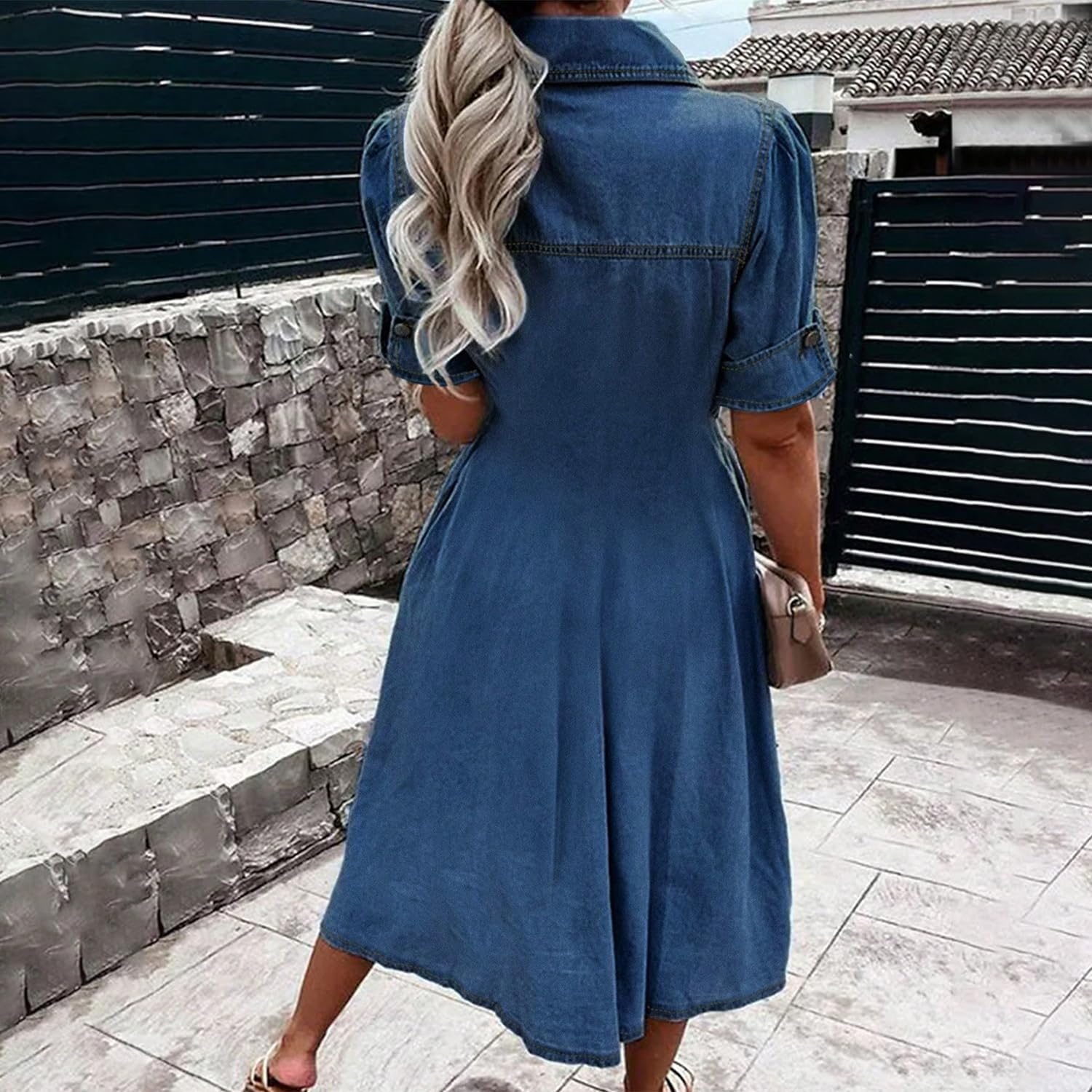 Women Shirt Dress V Neck Short Sleeve Long Bottom Down A-Line Jeans Dresses with Pockets