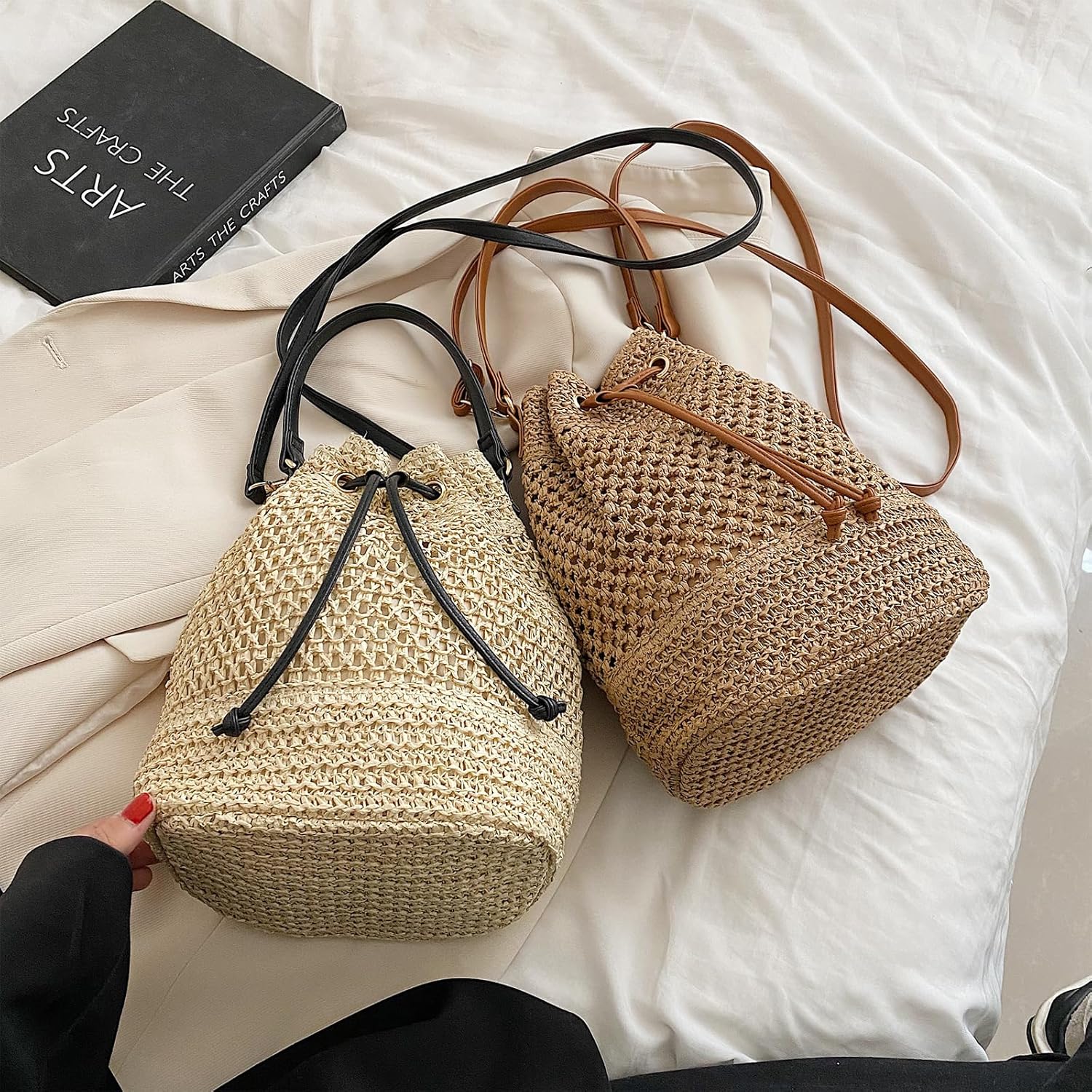 Straw Bucket Bag Summer Small Woven Crossbody Bags for Women Hobo Drawstring Purse Vacation Handbags Beach Bag