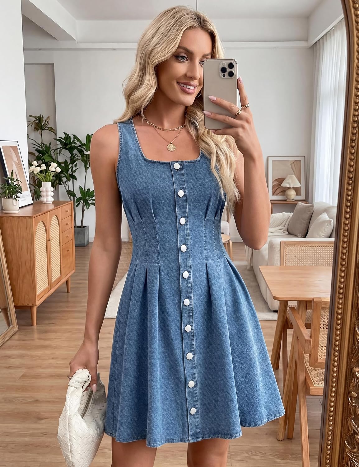 Dress for Women Button Down Sleeveless Jean Dress Square Neck Casual Mini Romper