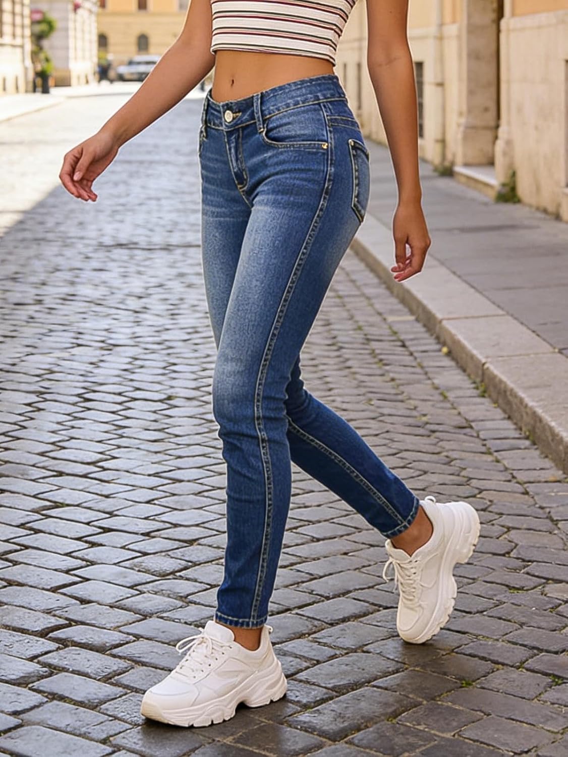 Mid Waist Women's Skinny Jeans Butt Lifting Slim Fit Casual Wash Stretchy Skinny Leg Pants with Pocket