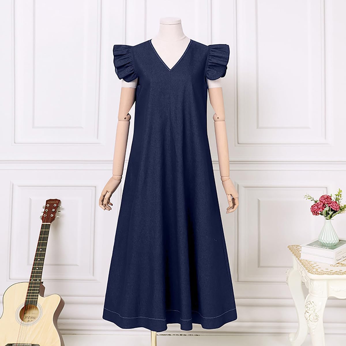 Dress for Womens Sleeveless Jeans Maxi Dress Summer Vintage Casual Loose Crewneck Tank Dress with Pockets