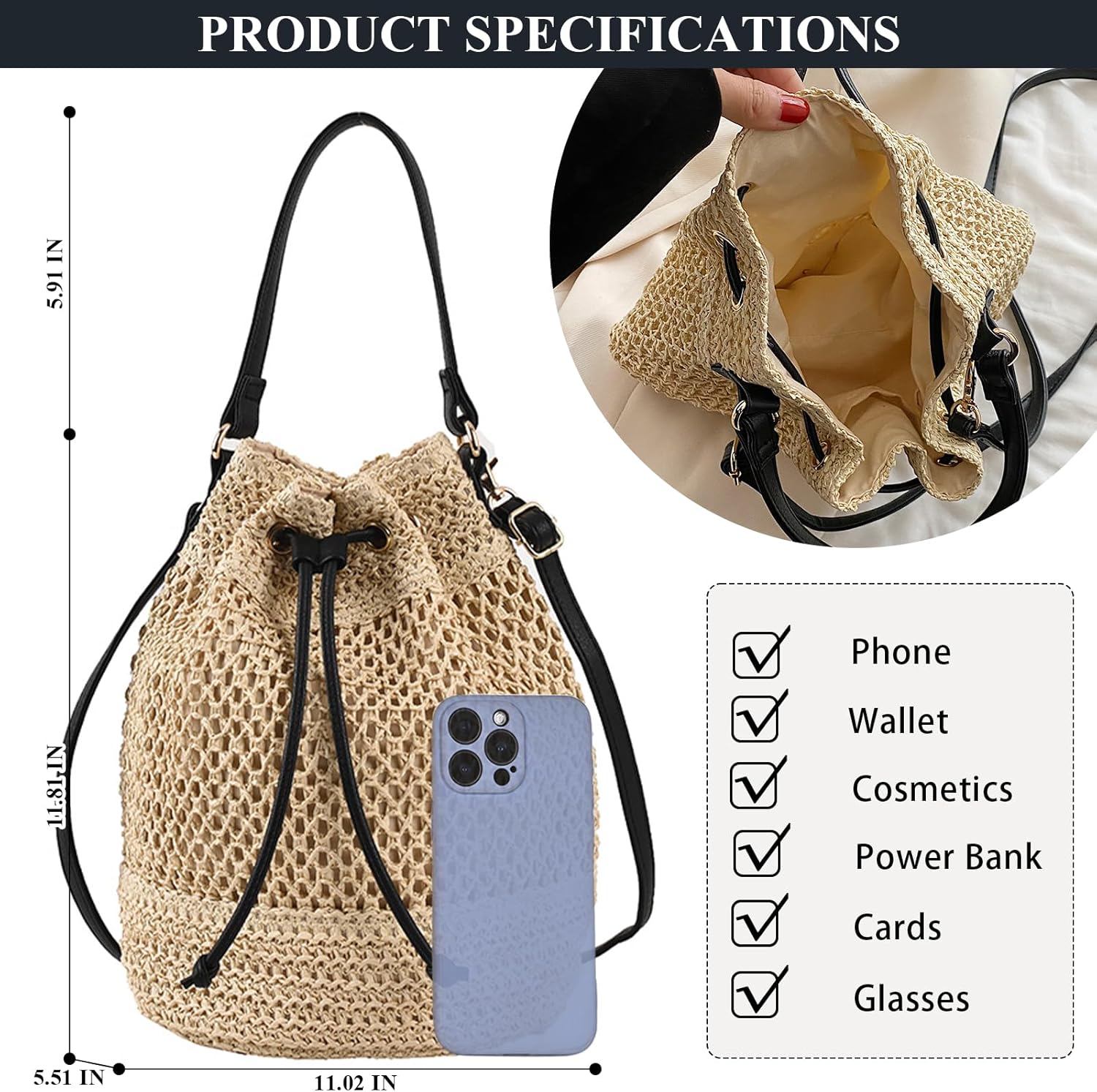 Straw Bucket Bag Summer Small Woven Crossbody Bags for Women Hobo Drawstring Purse Vacation Handbags Beach Bag