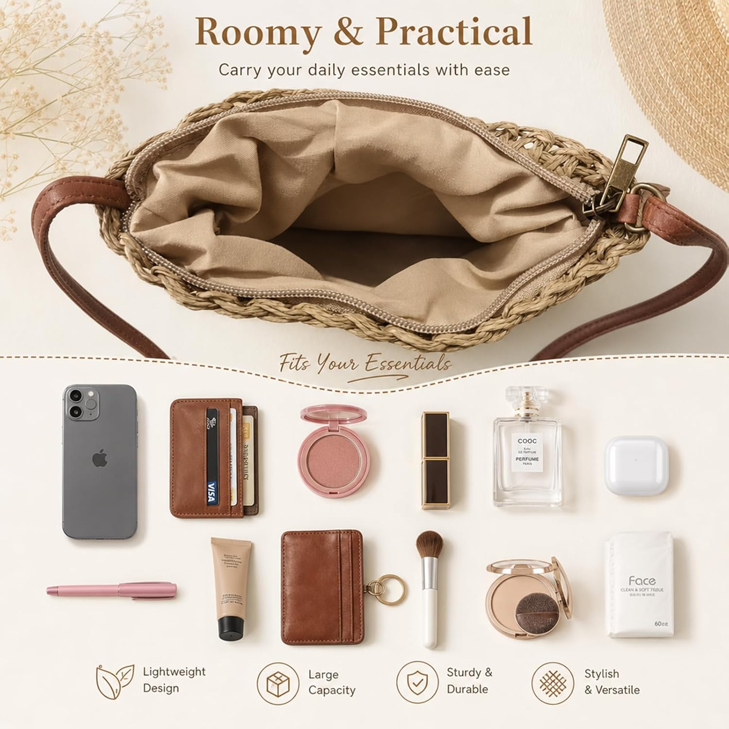Summer Beach Straw Crossbody Bags for Women Woven Purse Vacation Handbags Shoulder Bag Clutch