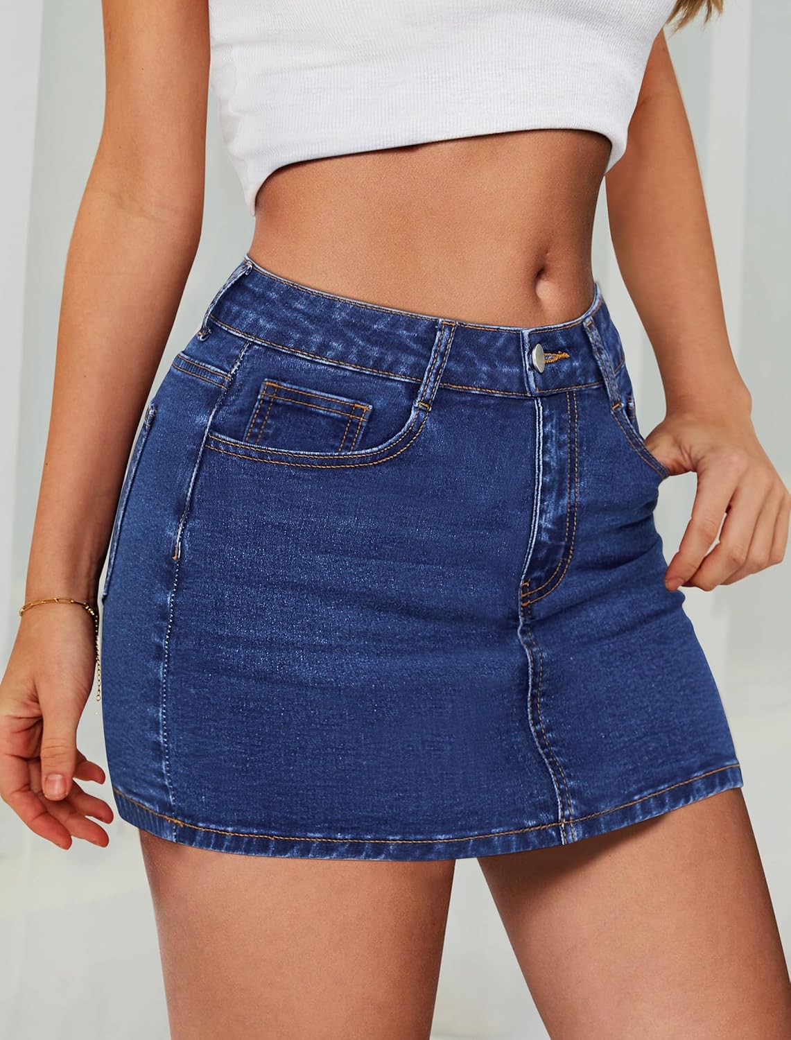 Mini Skirt Women Casual Stretch Jean Skirt Zip Fly Low Waisted Skirt with Pockets
