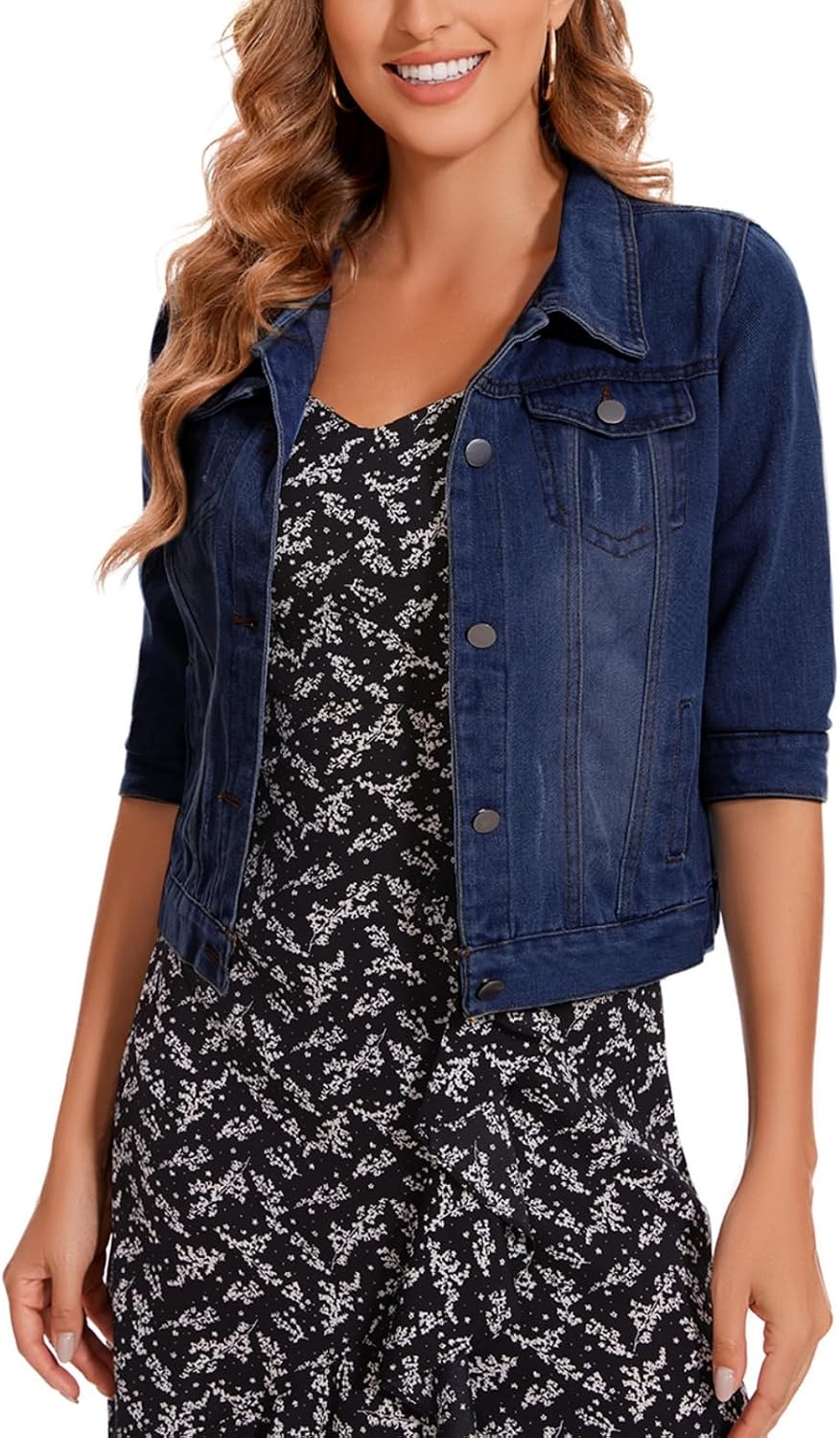 Women's Cropped Jacket 2026 Lapel Jean Coat Button Trendy 3\/4 Sleeve Stretch Short Jacket