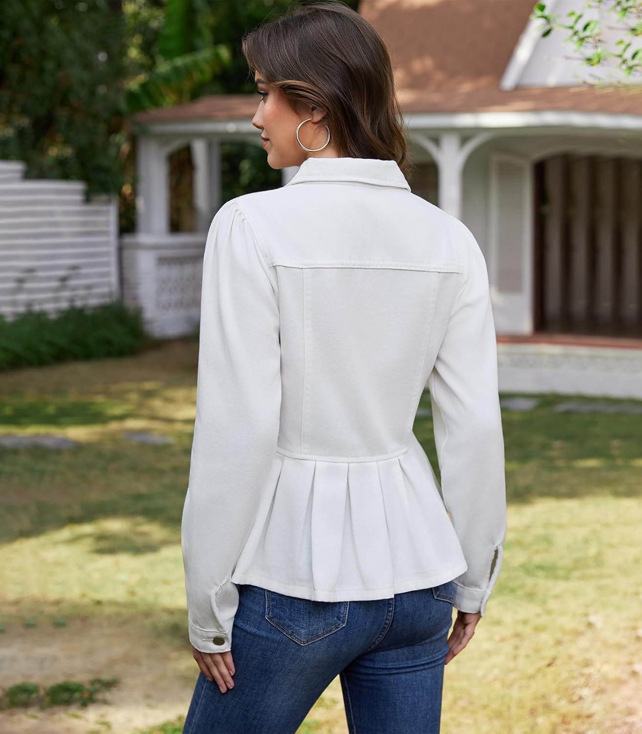 Women's Jacket Puff Sleeve Button Down Ruffle Hem Jean Jacket Coat