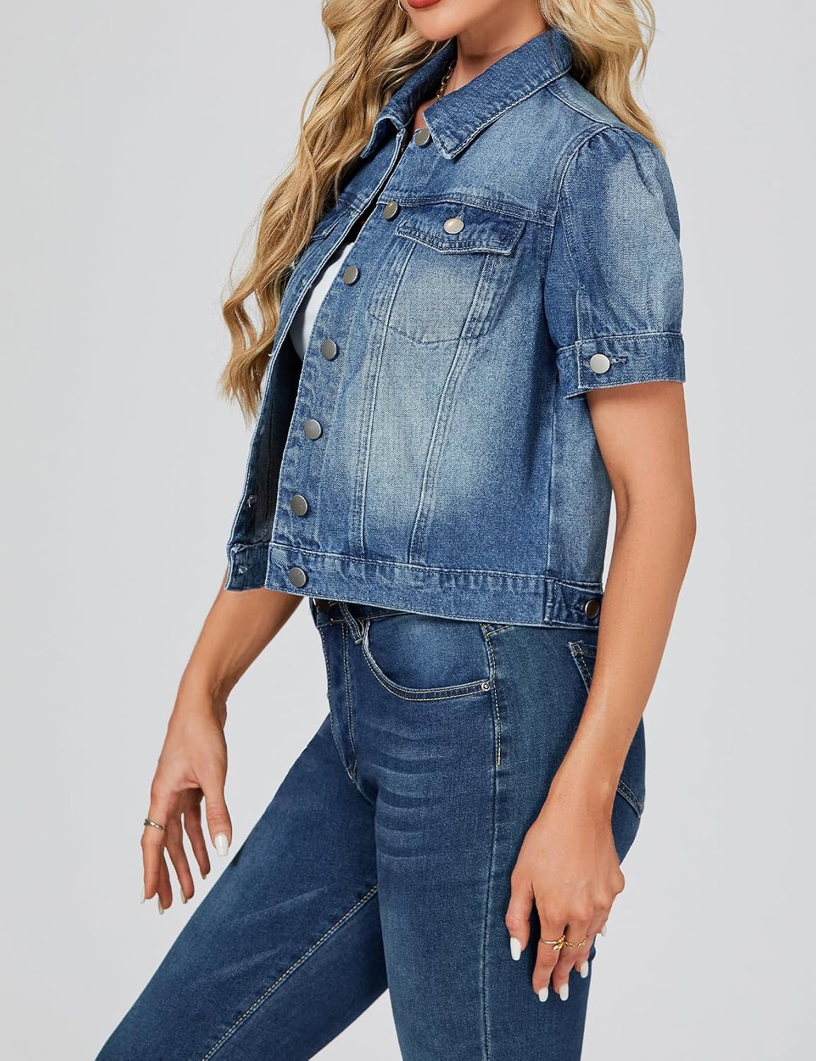 Short Sleeve Jacket for Women Cropped Puff Jean Jackets Summer Crop Cardigan Trucker Coat
