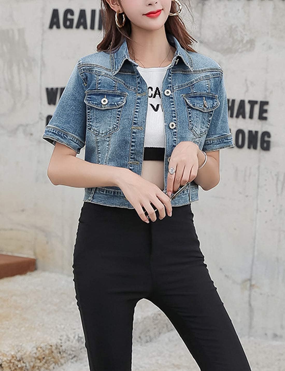 Women's Summer Short Sleeve Crop Trucker Jacket Jean Coat Tops