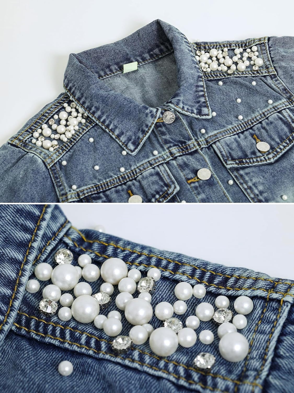 Women's Pearls Jacket 3\/4 Sleeve Cropped Rhinestones Jean Jackets Trucker Coat
