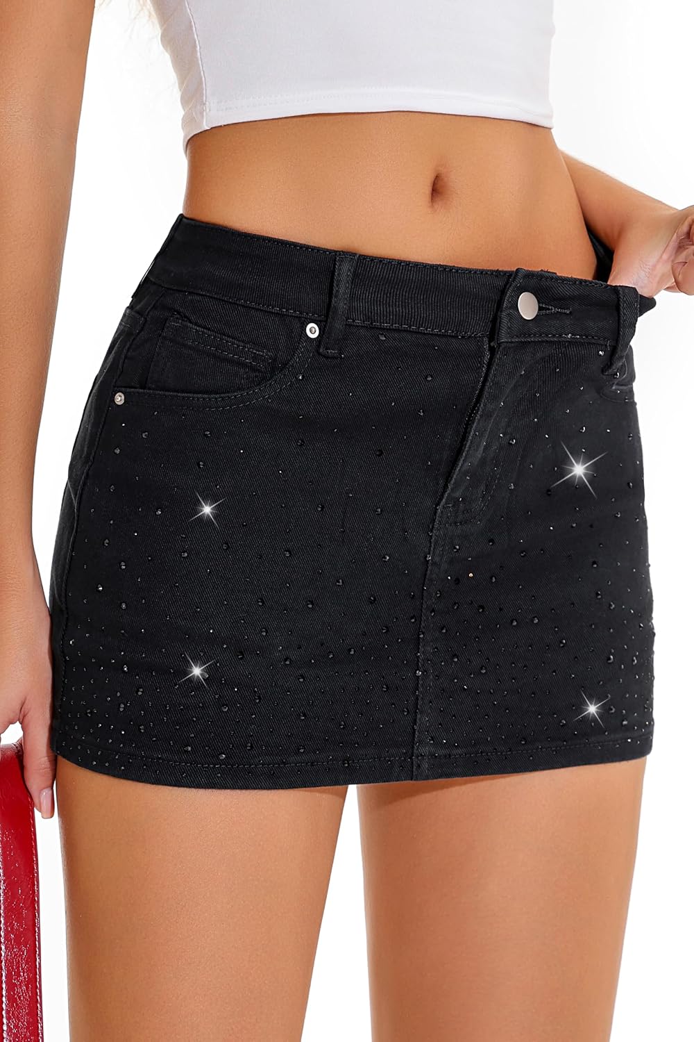 Jean Skirt for Women Stretchy Low Waisted Rhinestone Sparkly Micro Mini Skirt with Shorts Underneath