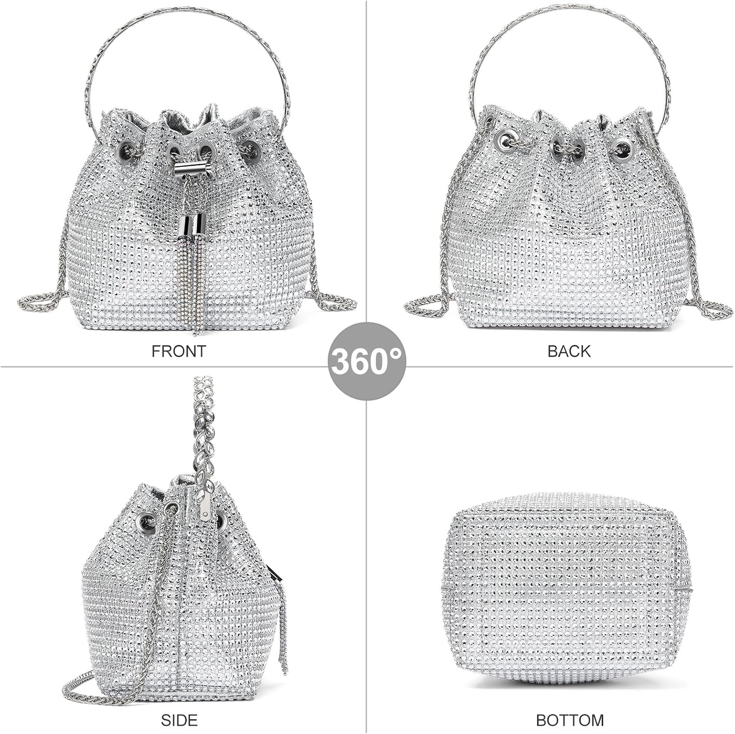 Sparkling Rhinestone Evening Clutch Handbag for Women Bucket Bag Handle Crossbody Bag with Zipper for Wedding Daily