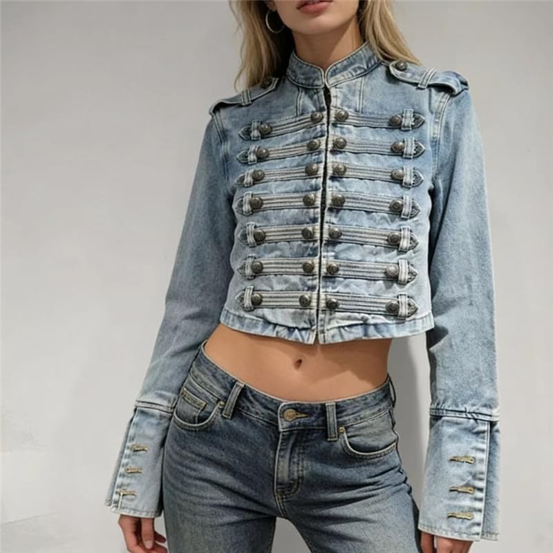 Women's Military Jacket Steampunk Jean Jacket Stand Collar Vintage Gothic Coat Double Breasted Jean Jacket