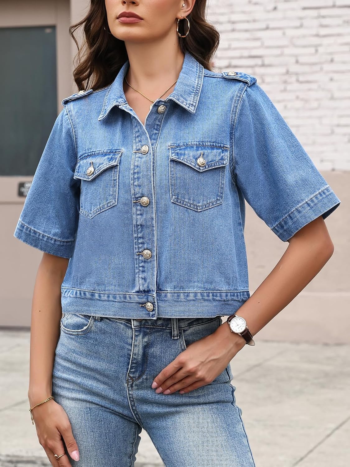 Cropped Jacket for Women Short Sleeve Button Front Lightweight Summer Jean Jacket