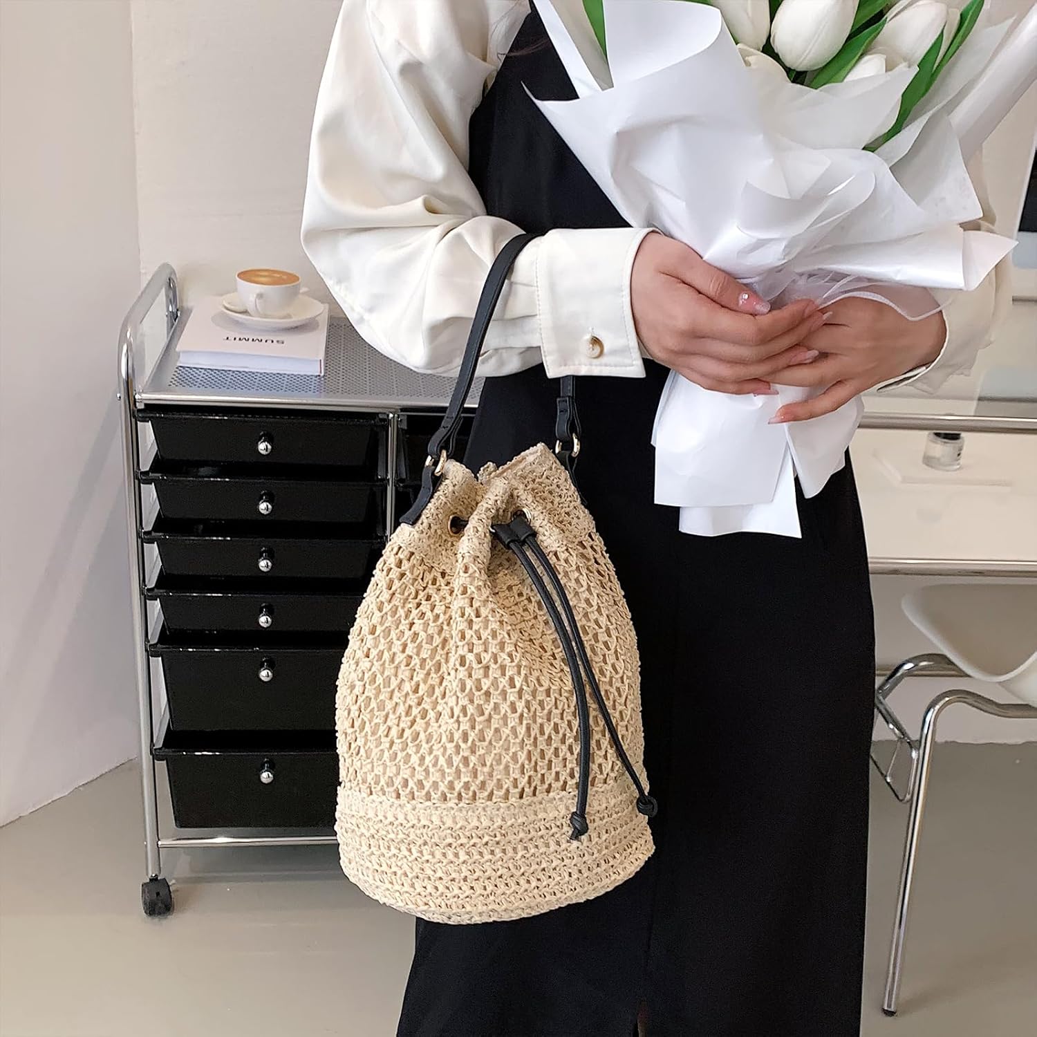 Straw Bucket Bag Summer Small Woven Crossbody Bags for Women Hobo Drawstring Purse Vacation Handbags Beach Bag