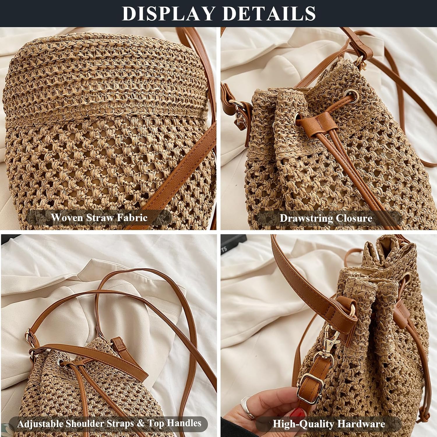 Straw Bucket Bag Summer Small Woven Crossbody Bags for Women Hobo Drawstring Purse Vacation Handbags Beach Bag