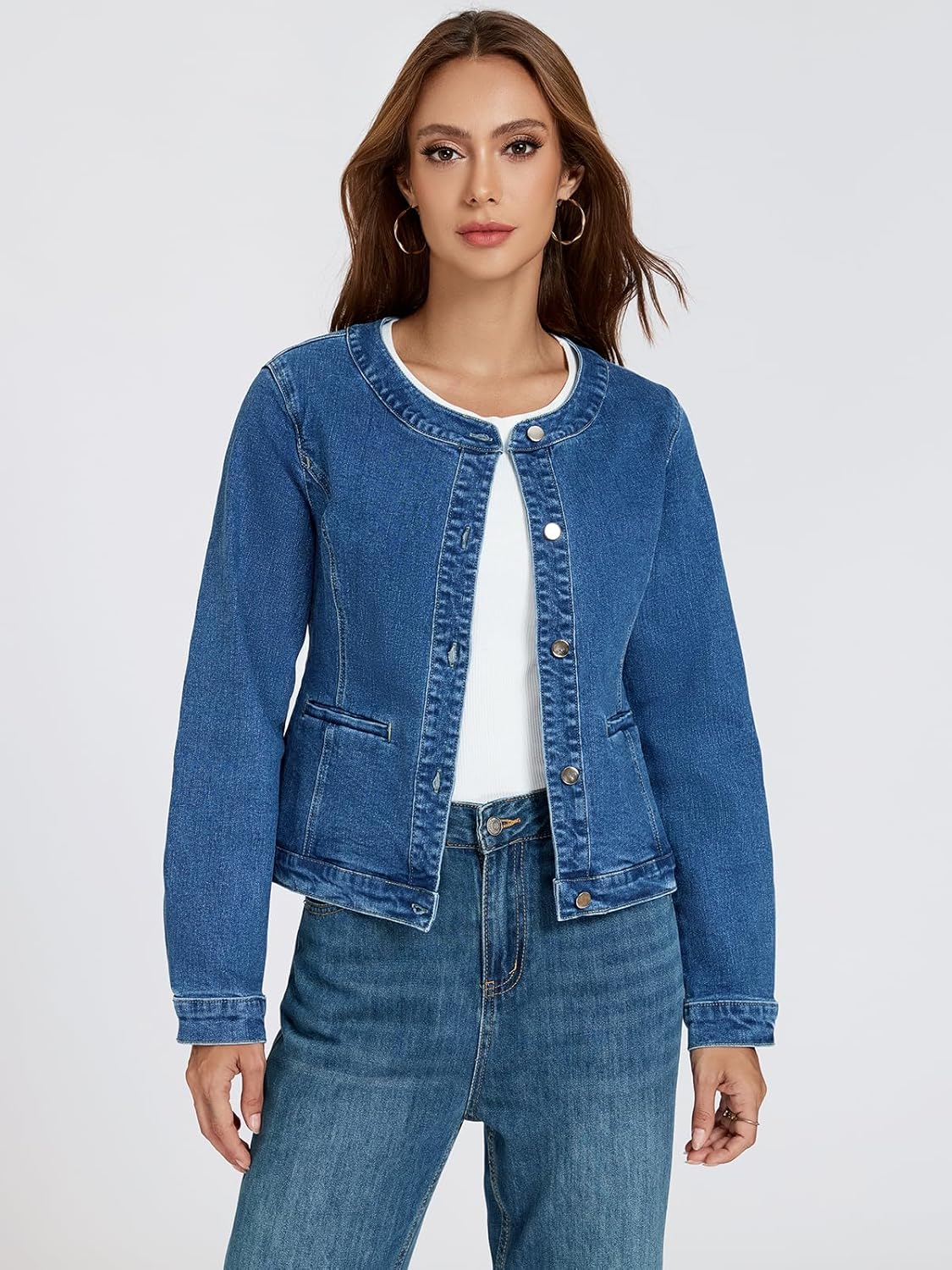 Cropped Jacket for Women Stretch Collarless Jean Jackets Slim Spring Crop Shacket Tendy