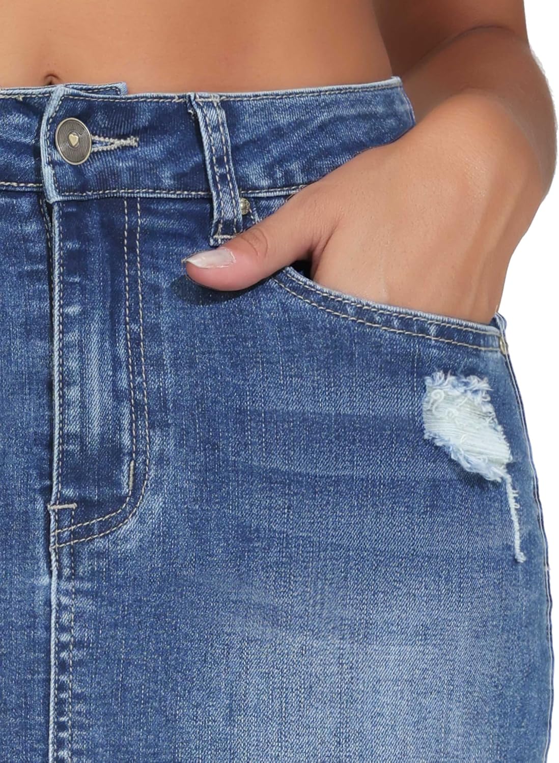 Women's Ripped Mini Skirts Stretchy Frayed Raw Hem Casual Trendy Jean Skirt with Pockets