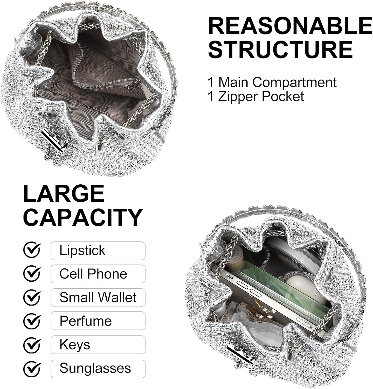 Sparkling Rhinestone Evening Clutch Handbag for Women Bucket Bag Handle Crossbody Bag with Zipper for Wedding Daily