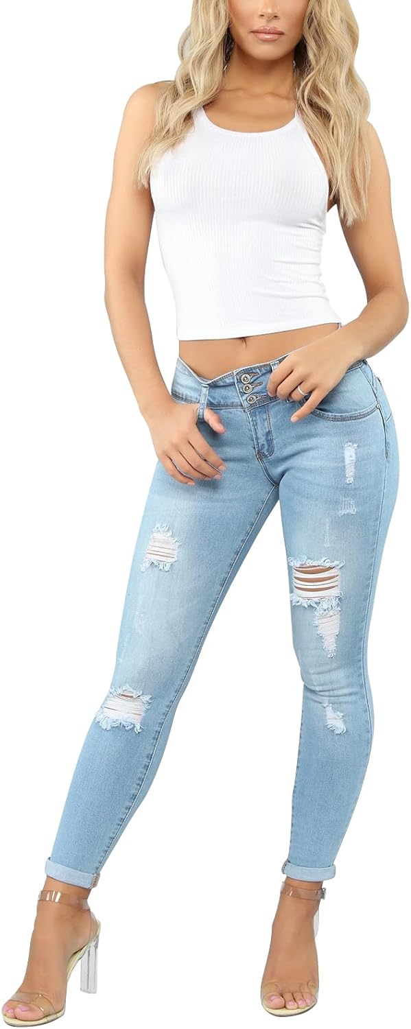 Women's Skinny Ripped Trendy Jeans Distressed Stretchy Pants