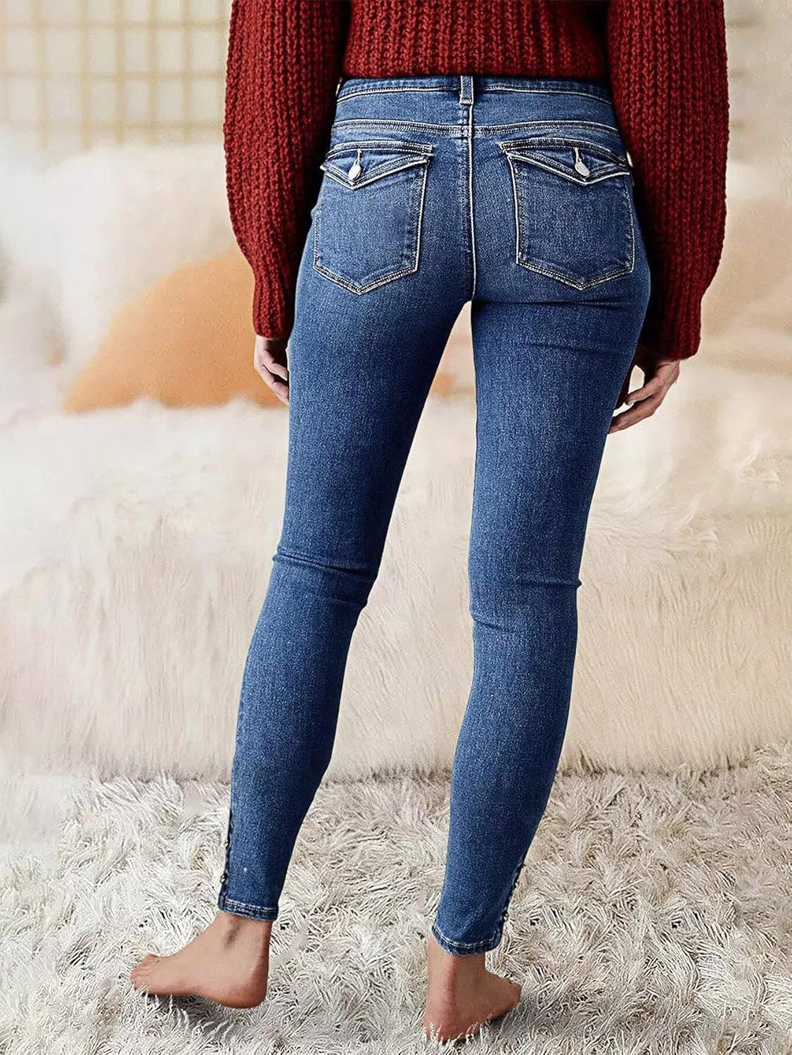 High Waist Women's Skinny Jeans Butt Lifting Slim Fit Casual Wash Stretchy Skinny Leg Double Button Pants