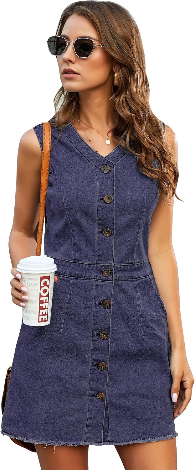 Women Sleeveless V Neck Button Down Frayed Hem Short Dress Women Sleeveless V Neck Button Down Frayed Hem Short Dress