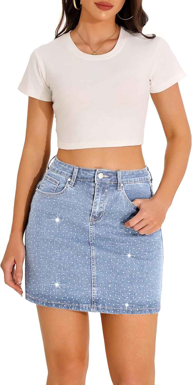 Jean Skirts for Women Sparkle Rhinestone Diamond High Waisted Stretch Mini Skirt