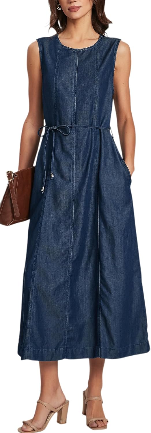 Womens Midi Dress Sleeveless Crewneck Tunic Jean Dress Casual Summer Chambray Shift Dresses with Pockets