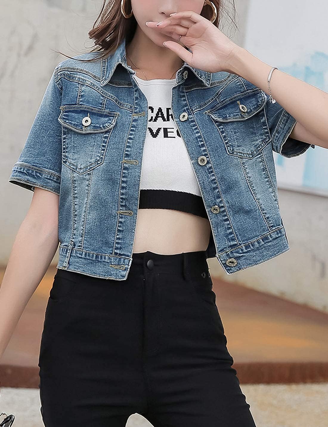 Women's Summer Short Sleeve Crop Trucker Jacket Jean Coat Tops