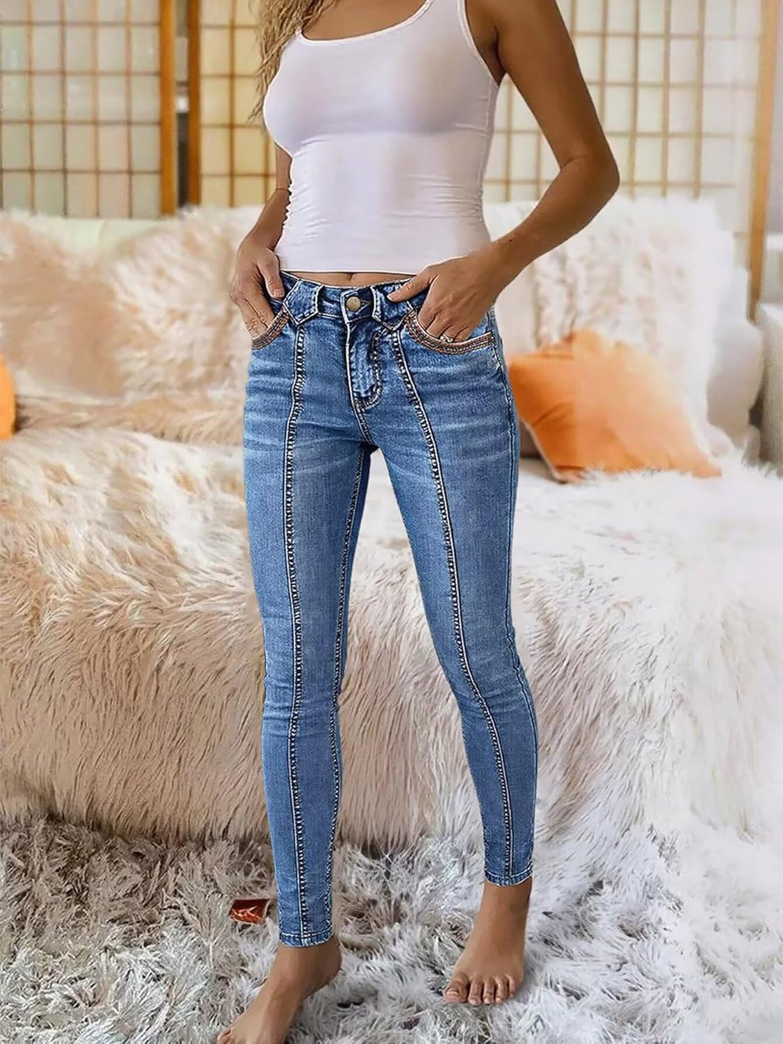 Women's Skinny Jeans Butt Lifting Stretchy Mid Rise Tummy Control Wash Stitch Detail Jeans