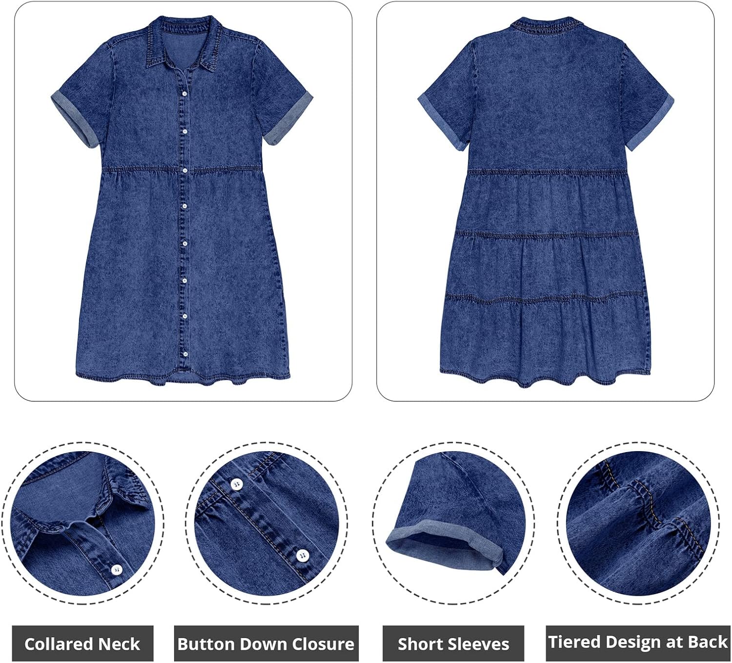 Dress for Women Babydoll Tiered Short Sleeve Button Down Jean Shirt Dresses