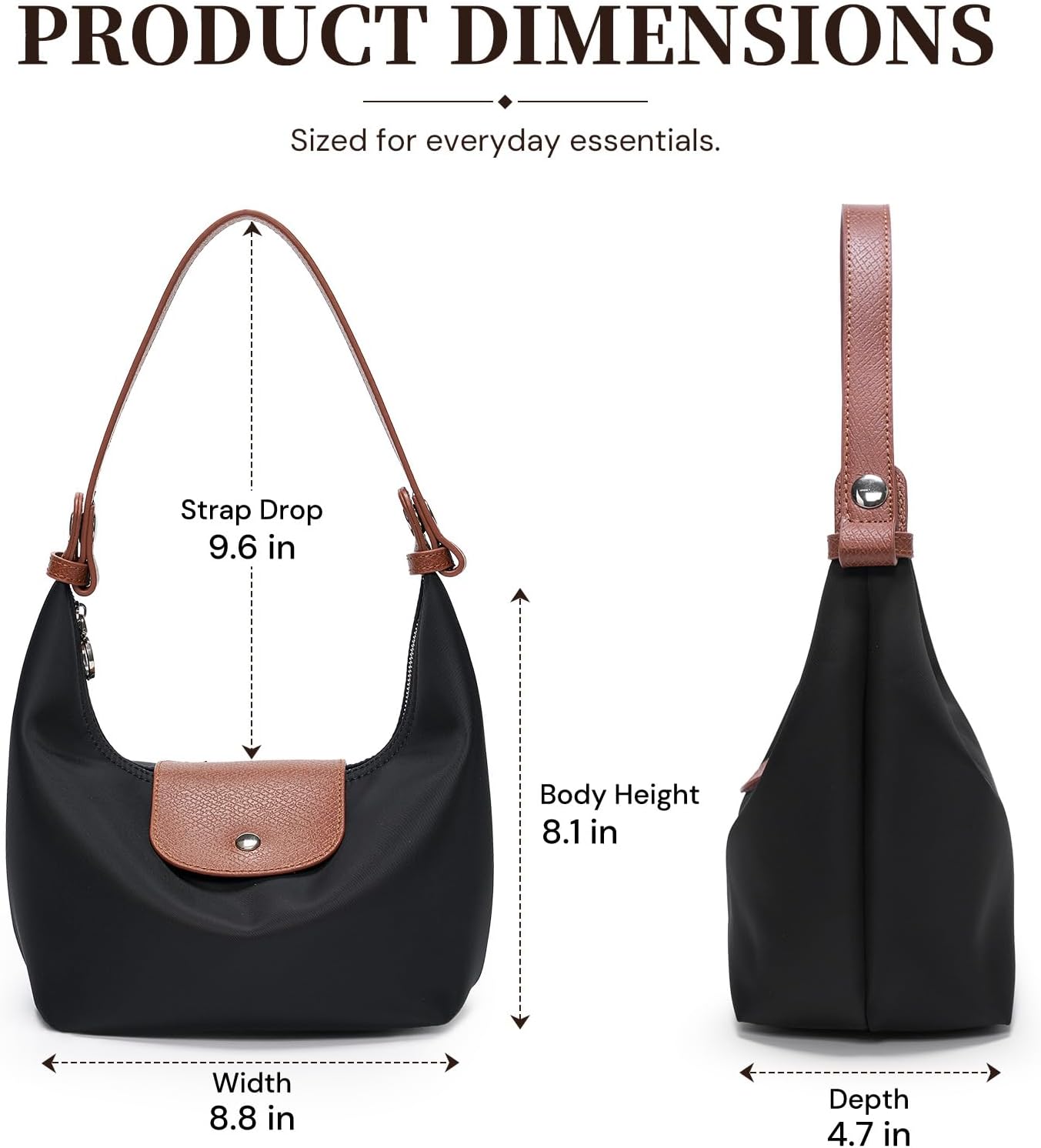 Mini Nylon Handbag for Women Crossbody Small Shoulder Bag with 2 Straps Convertible Dumpling Purse Crescent Underarm Bag