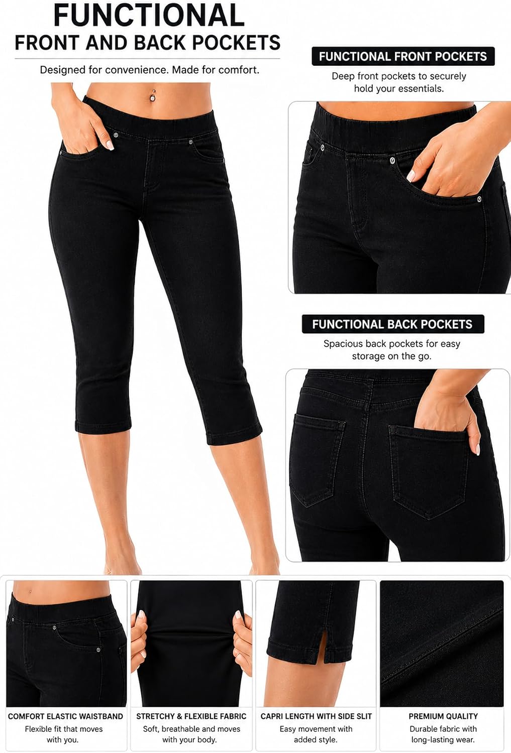 Women's Capri Jeans Pull-On Skinny Jeggings with Side Slit & Pockets Stretch Mid Rise &