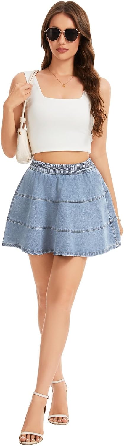 Women's Mini Skirt Casual 2026 Stretchy Summer A-Line Flared Tiered Jean Skirts for Women with Pockets