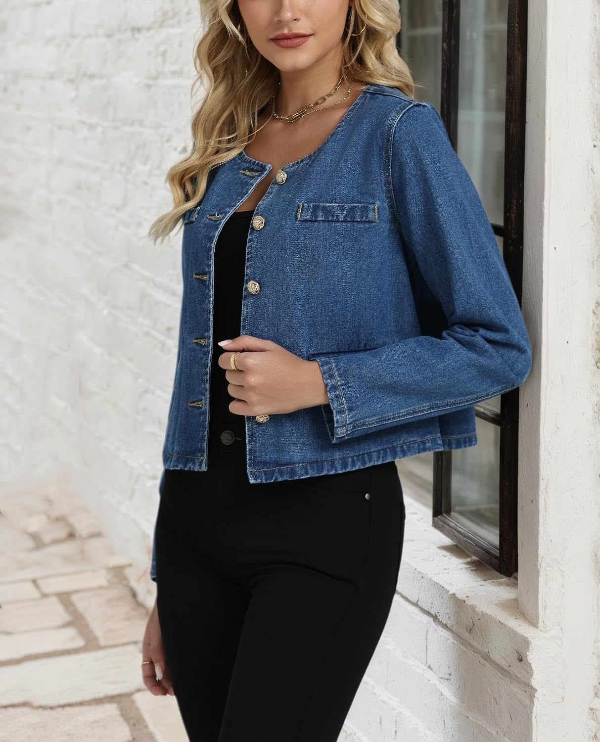 Jacket for Women Collarless Long Sleeve Button Down Cropped Jean Jacket Coat
