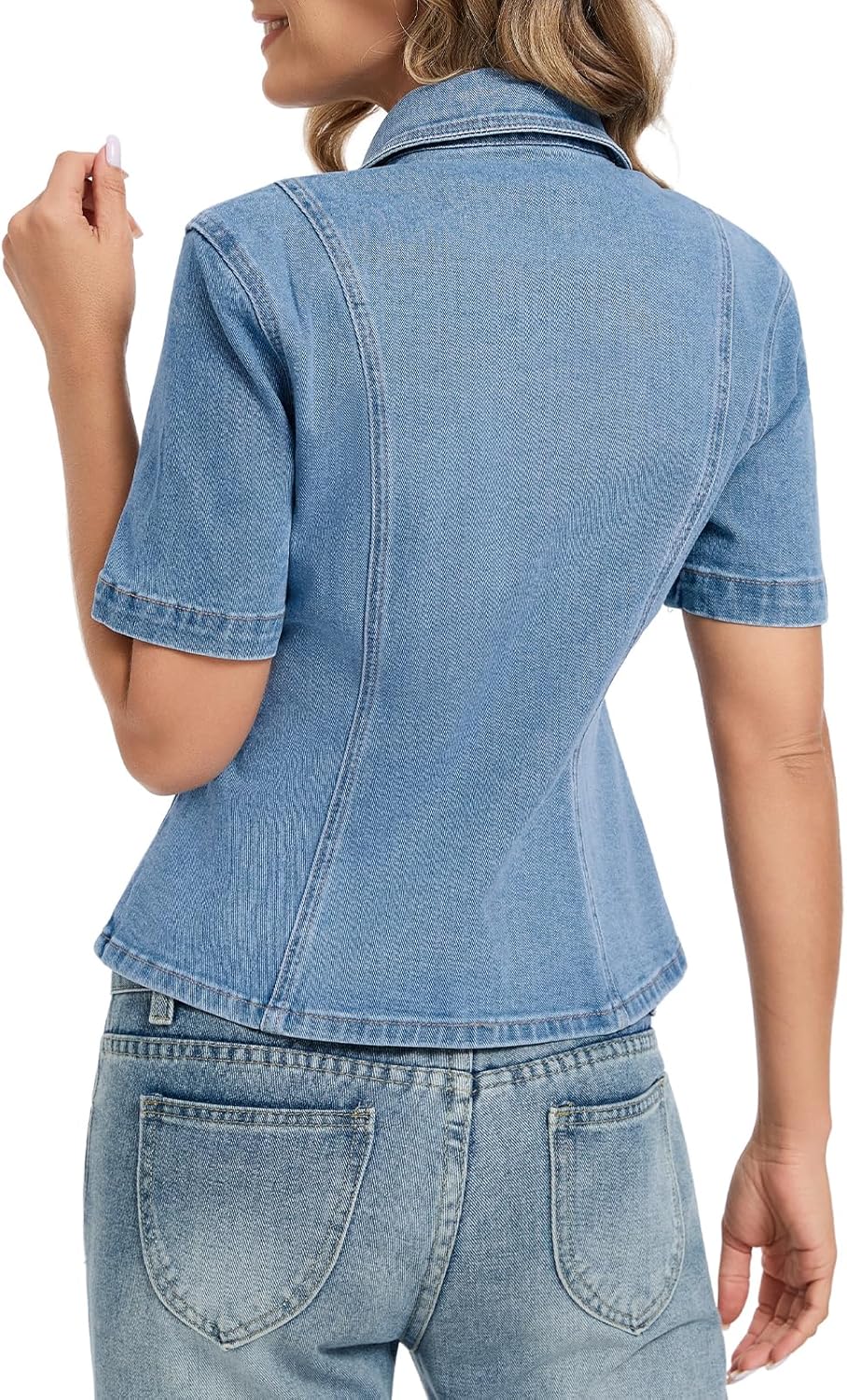 Womens Short Sleeve Jacket Slim Fitted Stretchy Jean Jacket Cropped Button Down Jean Shirt