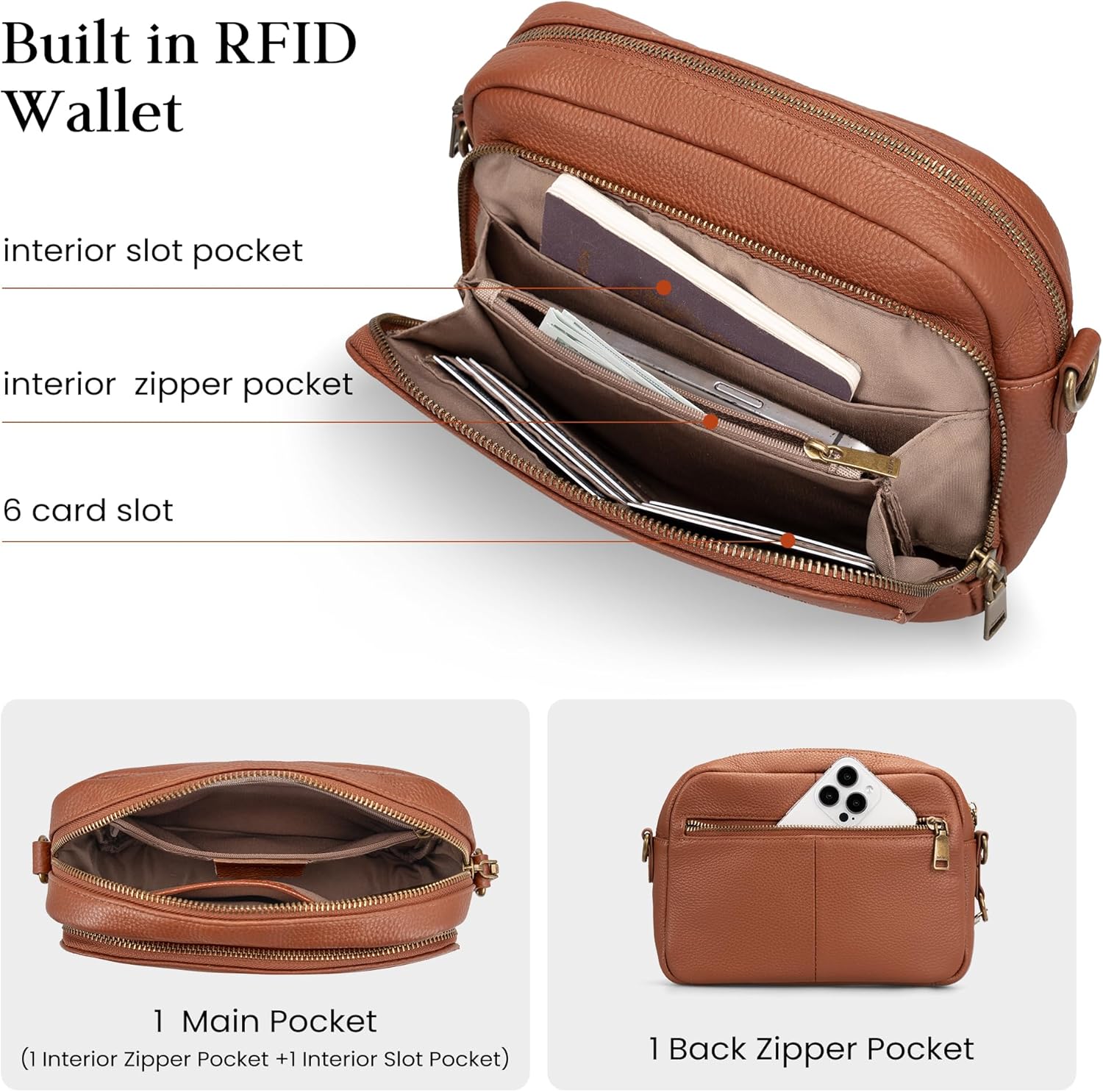 Genuine Leather Crossbody Bag for Women Anti Theft Purse and Hangbags with Built in RFID Wallet