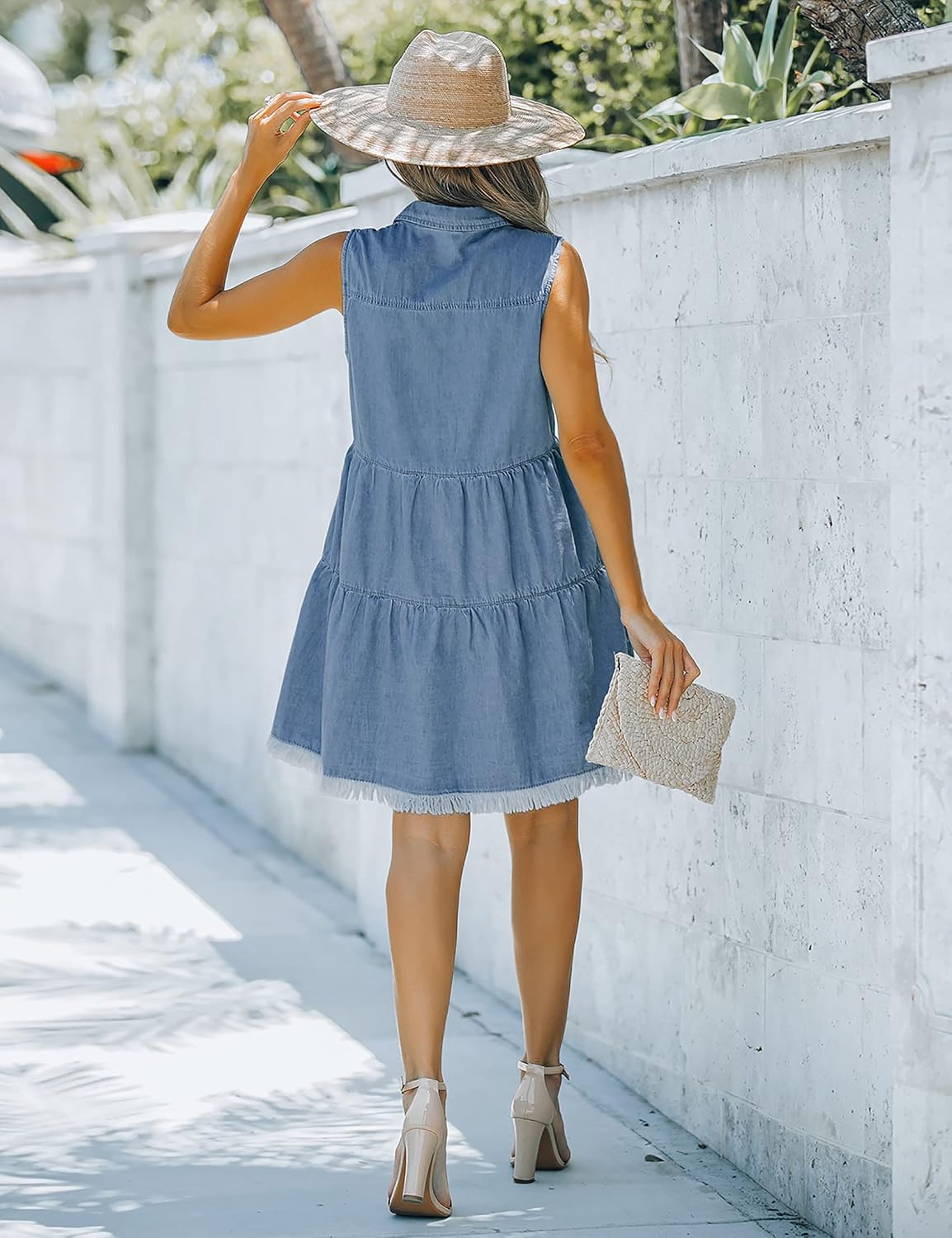 Women's Casual Summer Lapel Sleeveless Button Down Short Jean Dress